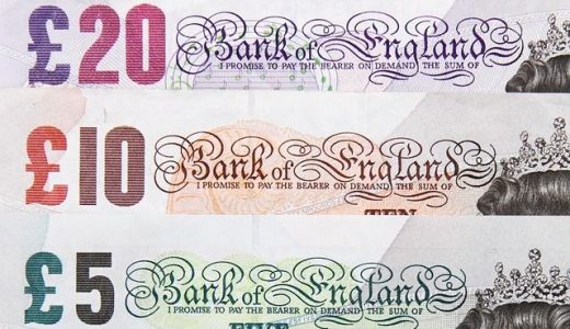3 paper English money notes to denote money in recruitment - £29, £10, £5